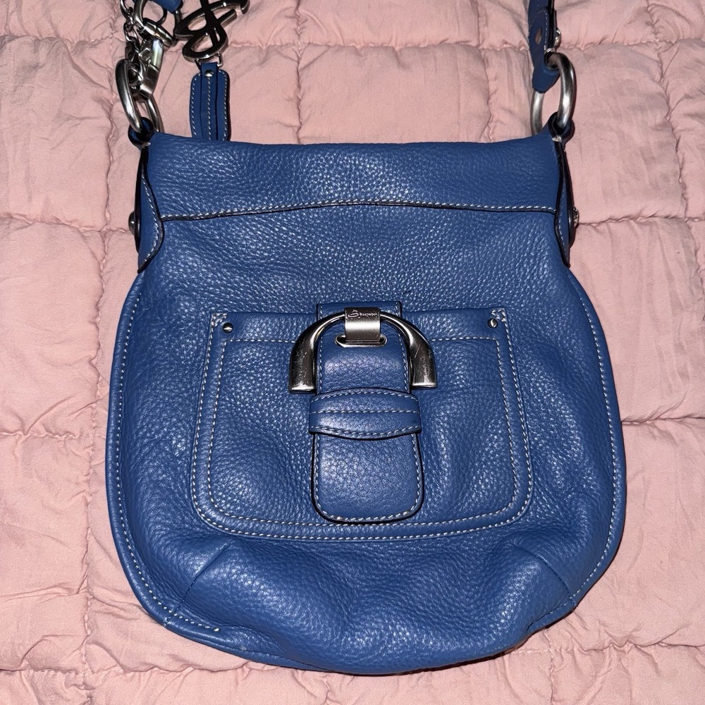 B. Makowsky Soft Pebbled Leather Blue Crossbody Shoulder Bag Convertible Strap
